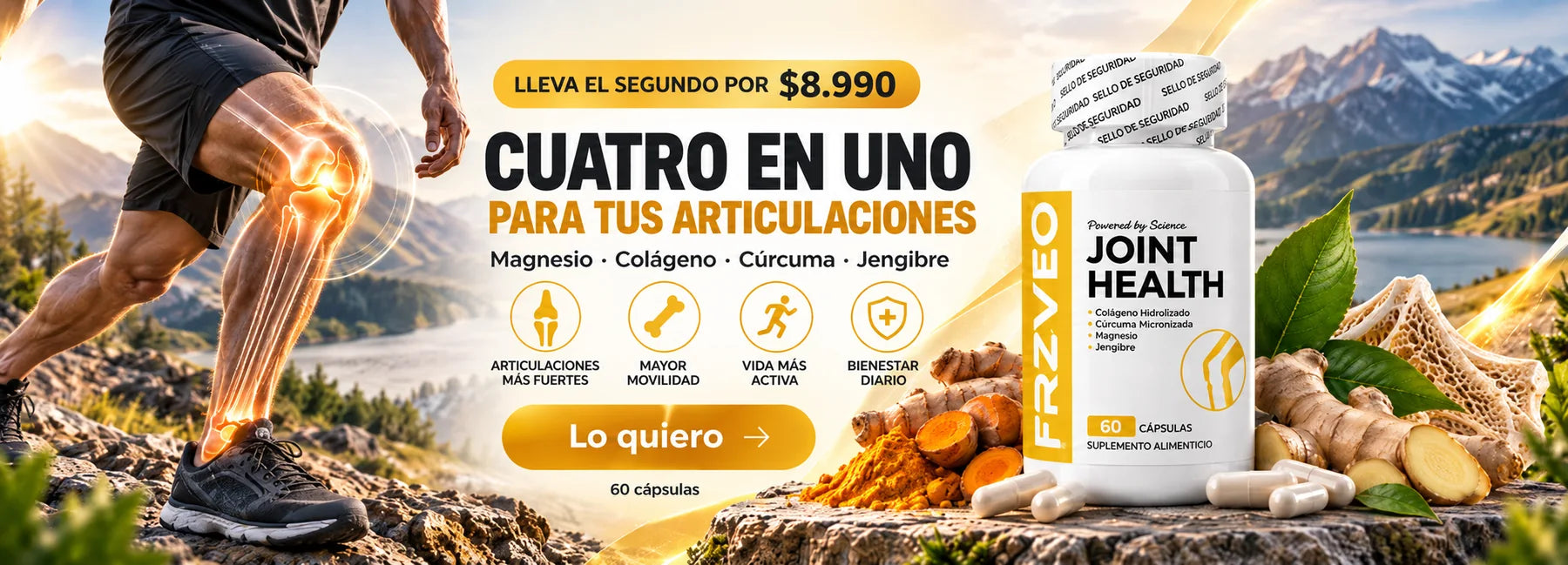 Joint Health, cuatro en uno para tus articulaciones: magnesio, colágeno, cúrcuma y jengibre. Lleva el segundo por $8.990. 60 cápsulas.