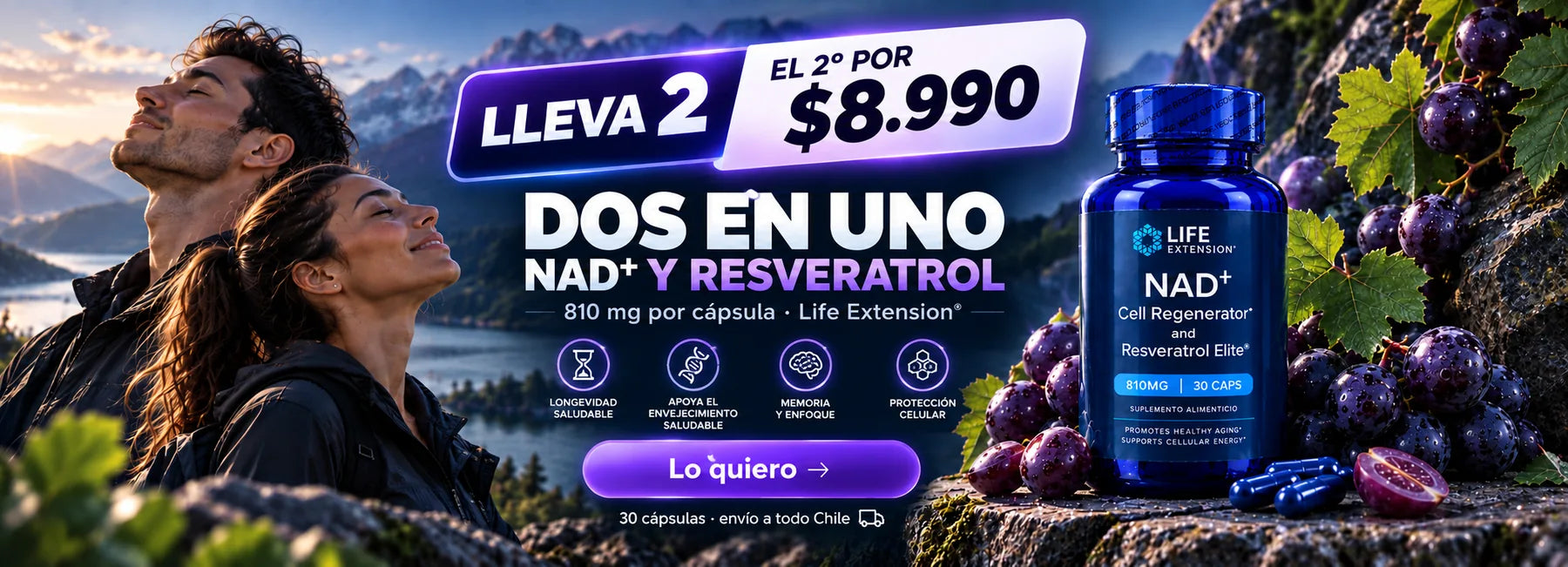 NAD+ y resveratrol, dos en uno, 810 mg por cápsula. Lleva 2 y el segundo por $8.990. 30 cápsulas, envío a todo Chile.