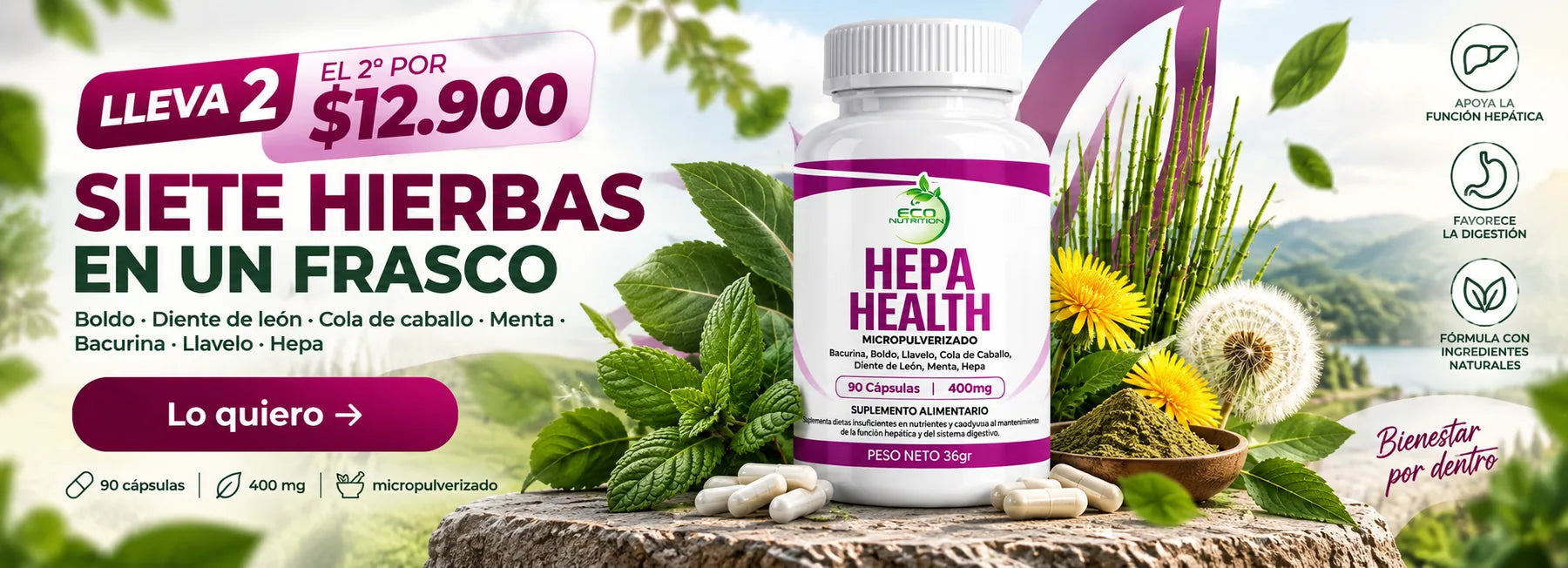 Hepa Health, siete hierbas en un frasco: boldo, diente de león, cola de caballo, menta, bacurina, llavelo y hepa. Lleva 2 y el segundo por $12.900. 90 cápsulas de 400 mg.