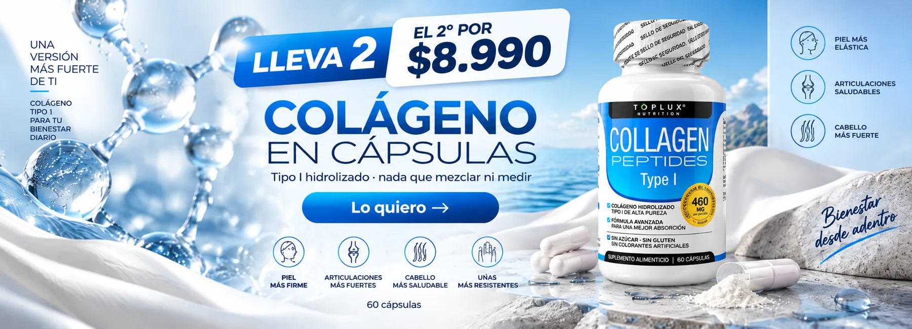 Colágeno en cápsulas, tipo I hidrolizado. Lleva 2 y el segundo por $8.990. 60 cápsulas.