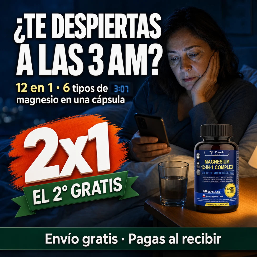 ¿Te despiertas a las 3 AM? Magnesio 12 en 1, seis tipos de magnesio en una cápsula. 2x1.